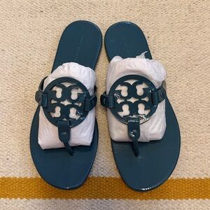 NEW TORY BURCH MILLER SOFT SANDAL, PATENT LEATHER, 8, TEAL